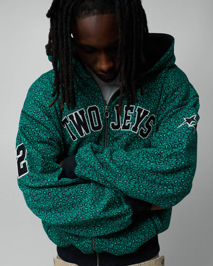 TwoJeys Vintage Varsity Zipper Green Cheetah